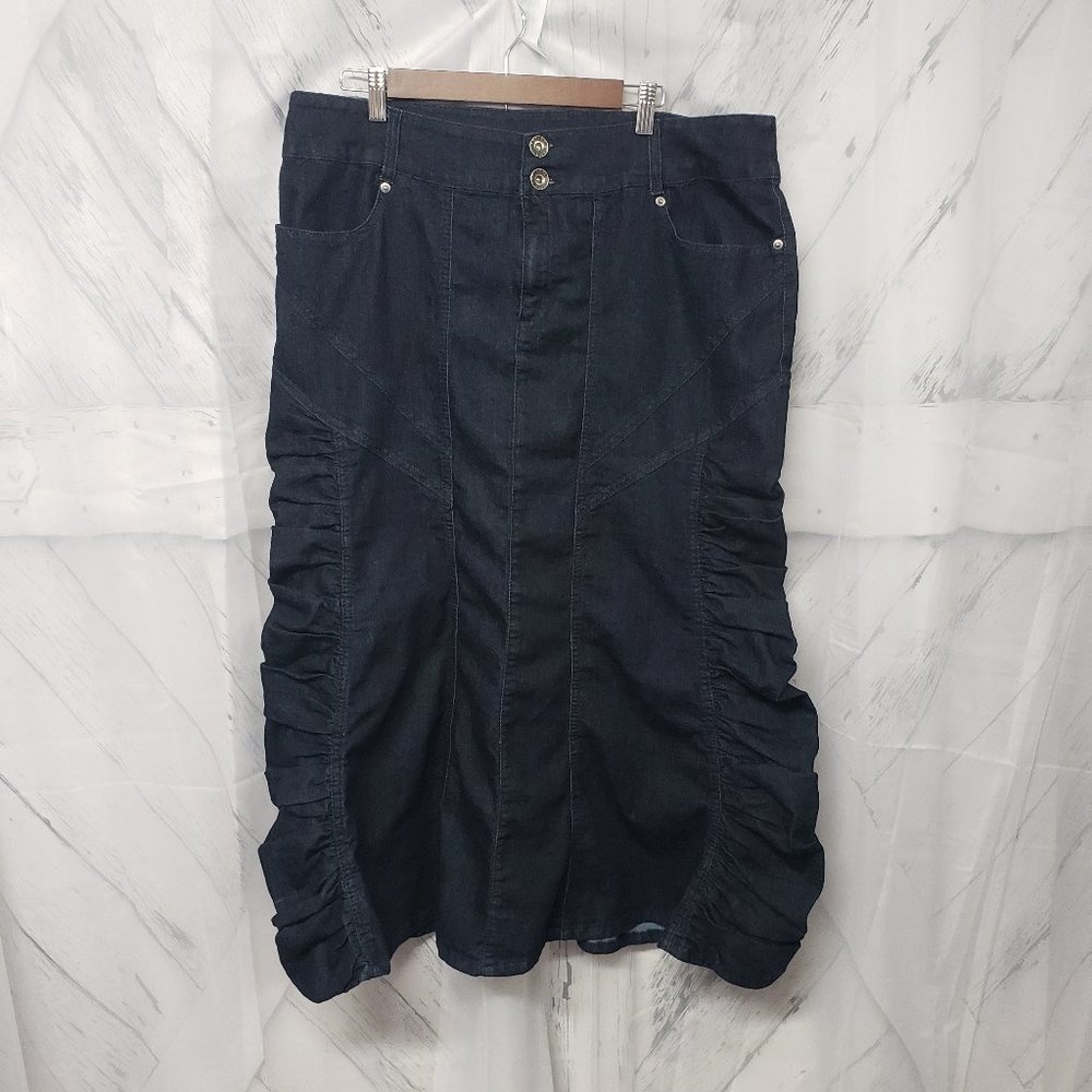 Ashley Stewart Y2K Indigo Ruched Denim Midi Skirt Size 16W